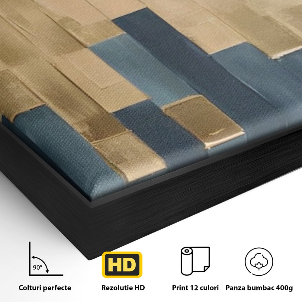 Detaliu al suprafetei: tablou abstract cu benzi verticale aurii si albastre, in rama de aluminiu negru